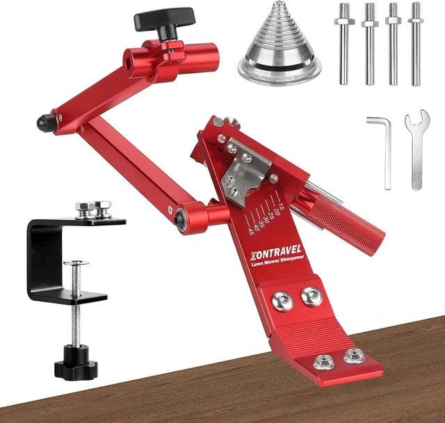 Main image of Lawn Mower Blade Sharpener Kit with Model 5005 Sharpener, Metal Balancer & Quick-Install Clamp, for Right & Left Hand Mower Blades (Red)