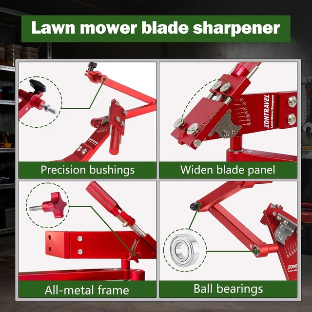 Alt view image 5 of 6 - Lawn Mower Blade Sharpener Kit with Model 5005 Sharpener, Metal Balancer & Quick-Install Clamp, for Right & Left Hand Mower Blades (Red)