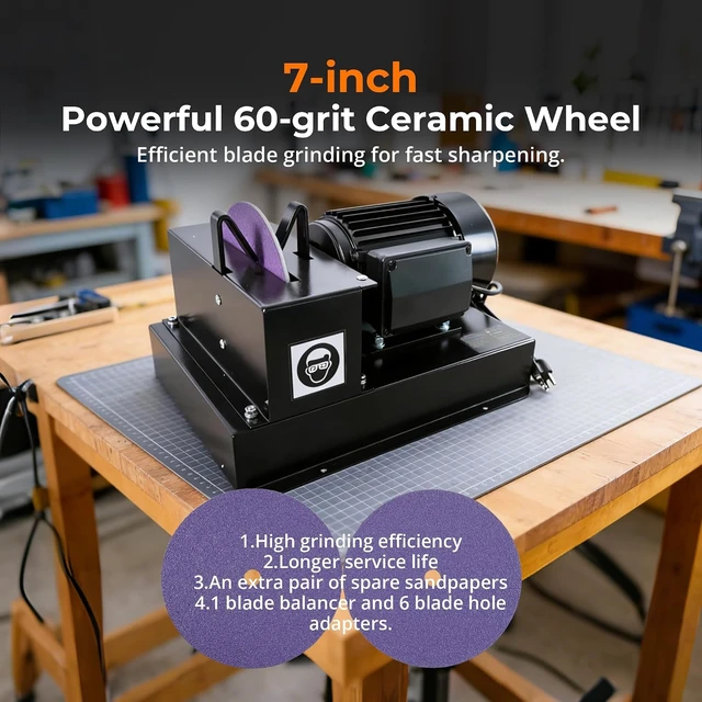 Alt view image 3 of 7 - 2/3HP Lawn Mower Blade Sharpener Grinder with 7-Inch Ceramic Wheel & 30°/40° Angle Brackets, Extra Sandpapers, for High/Low Lift, Gator & Flat Blades