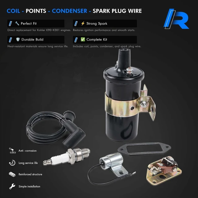 Alt view image 3 of 7 - Ignition Coil, Points, Condenser, Spark Plug & Wire for Kohler K-Series Engines K90 K91 K141 K161 K181 K241 K301 K321 K341 K361 K482 K532 K582, Replaces 47 150 01-S & 230722-S