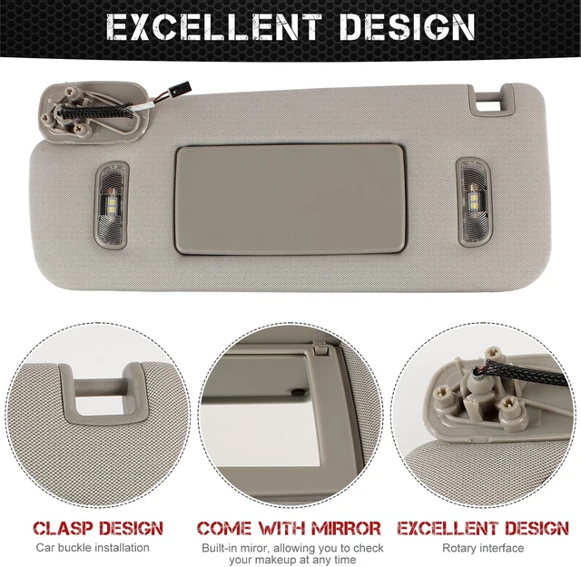 Alt view image 5 of 7 - Right Passenger Side Sun Visor with LED Lights for 2014-2019 GMC Sierra/Sierra Denali 1500 2500 3500 & Chevrolet Silverado 1500 2500 3500, Replaces 23459643 (Gray)