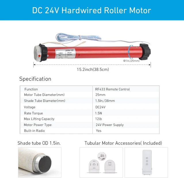 Alt view image 3 of 7 - DIY 24V DC Tubular Roller Blind Motor Kit EY2524 1.5N·m Smart Shade Motor with Remote, for 1-1/2" (38mm) Tubes, Requires External 24V Adapter, Not Rechargeable