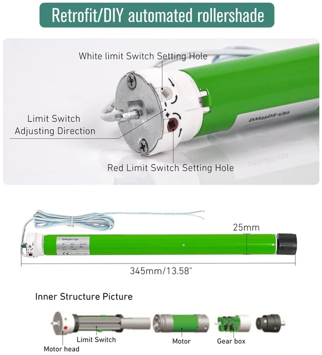 Alt view image 3 of 7 - DM25DS 12V Electric Roller Shade Replacement Motor for 1-3/16" Shade Tubes, RV Window Shade Motor