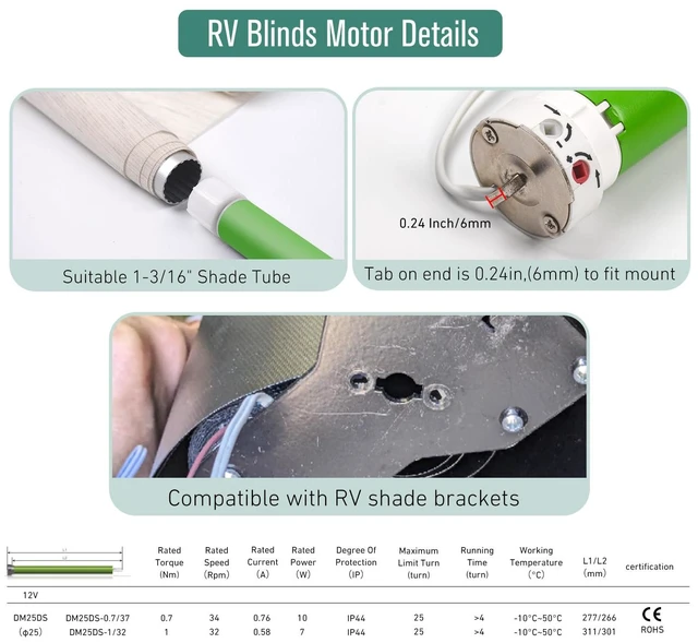 Alt view image 5 of 7 - DM25DS 12V Electric Roller Shade Replacement Motor for 1-3/16" Shade Tubes, RV Window Shade Motor