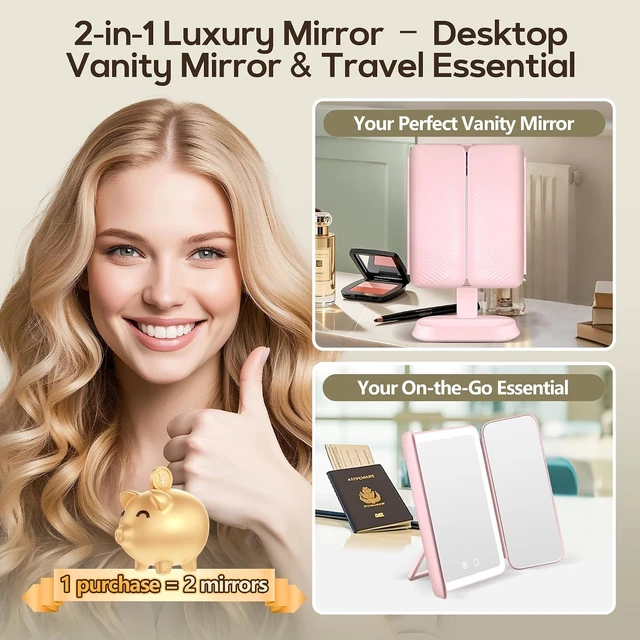 Alt view image 2 of 7 - Lighted Makeup Mirror with 10X/5X/1X Magnification, 3 Color Lights, Rechargeable & Detachable, Trifold Vanity Mirror, Gifts (Pink)