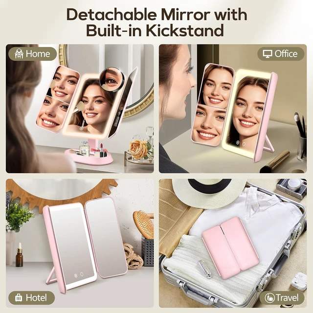 Alt view image 3 of 7 - Lighted Makeup Mirror with 10X/5X/1X Magnification, 3 Color Lights, Rechargeable & Detachable, Trifold Vanity Mirror, Gifts (Pink)