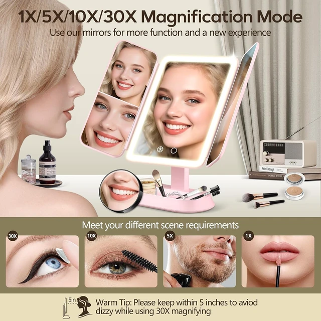 Alt view image 4 of 7 - Lighted Makeup Mirror with 10X/5X/1X Magnification, 3 Color Lights, Rechargeable & Detachable, Trifold Vanity Mirror, Gifts (Pink)
