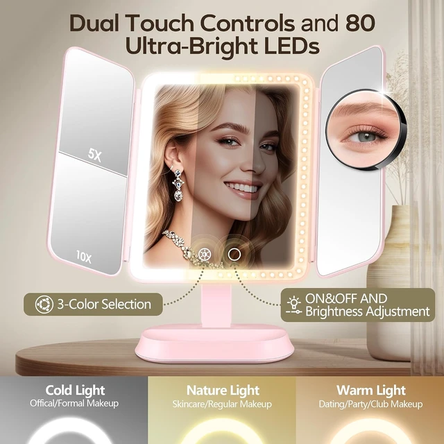 Alt view image 5 of 7 - Lighted Makeup Mirror with 10X/5X/1X Magnification, 3 Color Lights, Rechargeable & Detachable, Trifold Vanity Mirror, Gifts (Pink)
