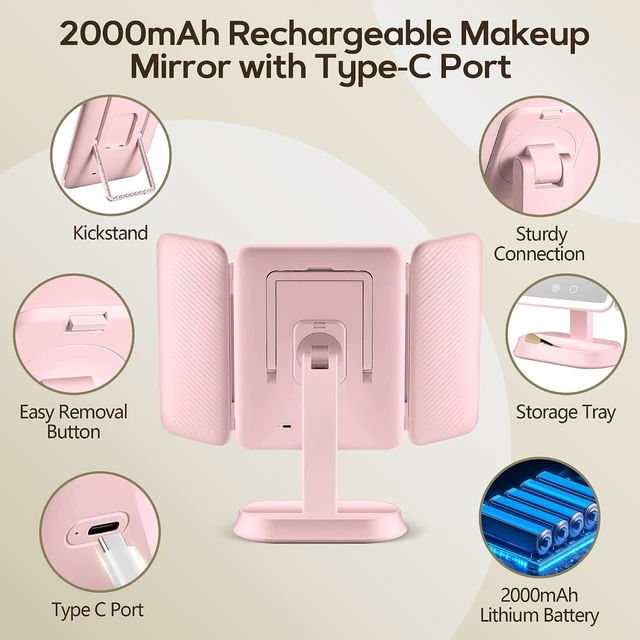 Alt view image 6 of 7 - Lighted Makeup Mirror with 10X/5X/1X Magnification, 3 Color Lights, Rechargeable & Detachable, Trifold Vanity Mirror, Gifts (Pink)