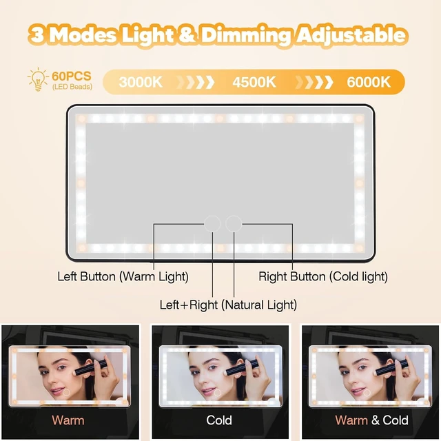 Alt view image 4 of 7 - 2 Pcs Car Sun Visor Vanity Mirror with Protective Cover LED Makeup Mirror, 3 Light Modes, Dual Rechargeable Dimmable Touch Control, Universal for Car, Truck & SUV