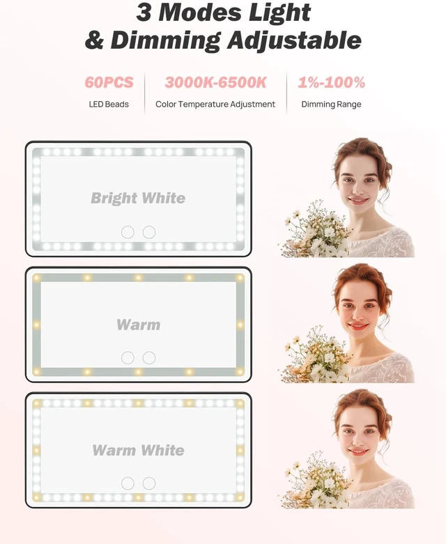 Alt view image 2 of 6 - Car Sun Visor Vanity Mirror with Lights, 3 Light Modes & 60 LEDs, Dimmable Touch Control for Truck & SUV