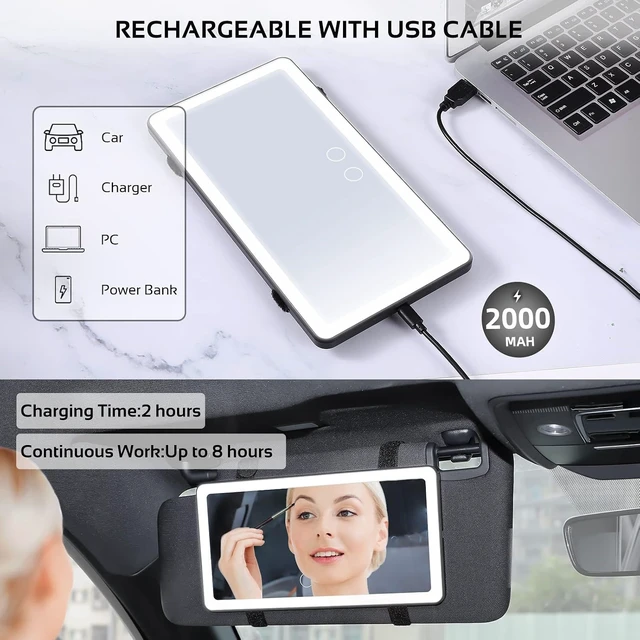 Alt view image 5 of 7 - 2 Pcs Rechargeable Car Sun Visor Vanity Mirror, 3 Light Modes & 80 LEDs