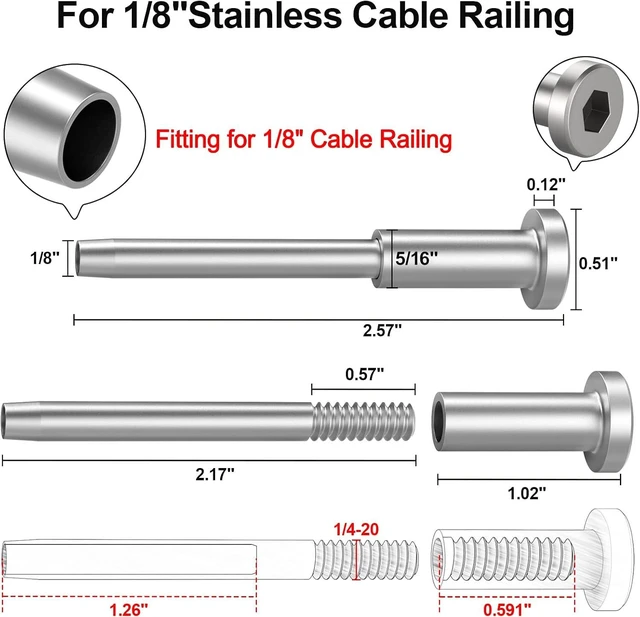 Alt view image 2 of 7 - 20 Pack 1/8" Stainless Steel Swage Stud End & Invisible Receiver for 1/8 Inch Cable Railing, Threaded End Fitting for Wood & Metal Posts