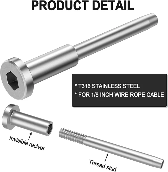 Alt view image 4 of 7 - 20 Pack 1/8" Stainless Steel Swage Stud End & Invisible Receiver for 1/8 Inch Cable Railing, Threaded End Fitting for Wood & Metal Posts