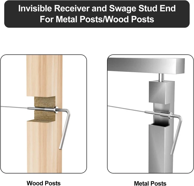 Alt view image 5 of 7 - 20 Pack 1/8" Stainless Steel Swage Stud End & Invisible Receiver for 1/8 Inch Cable Railing, Threaded End Fitting for Wood & Metal Posts