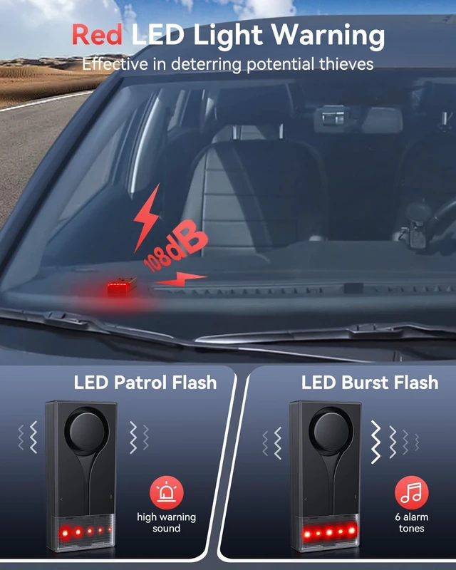 Alt view image 3 of 6 - 108dB Car Vibration Sound & Light Anti-Theft Alarm with Remote, LED Flashing Security Light, Wireless Vehicle Alert, 2 Pcs