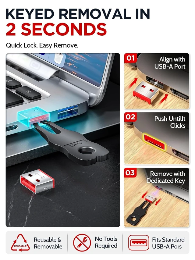 Alt view image 5 of 7 - 100-Pack USB-A Port Locks with 10 Keys, Dust-Proof & Physical Security (Red)
