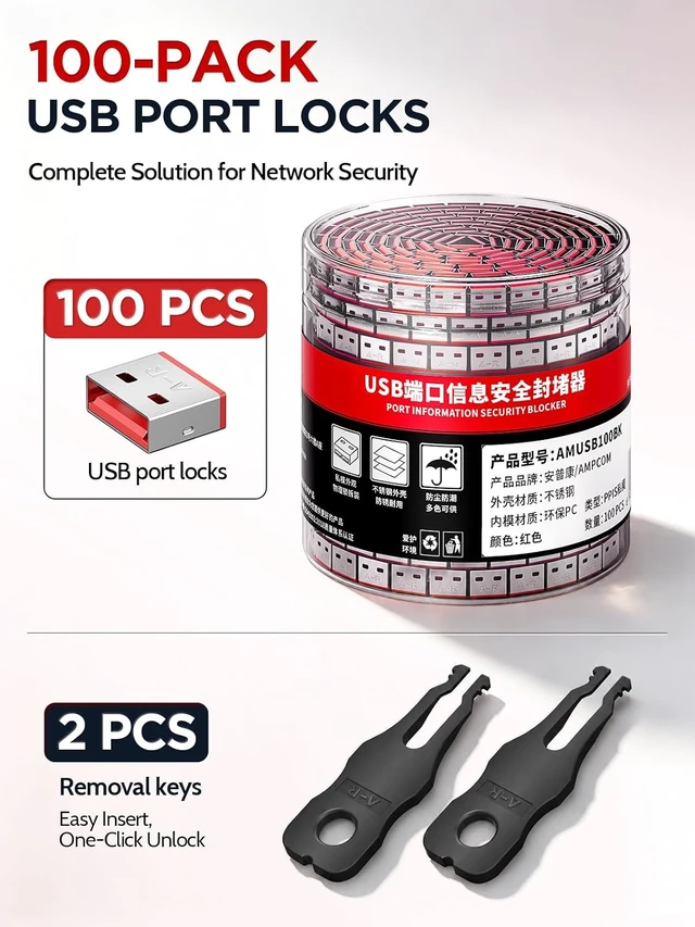 Alt view image 7 of 7 - 100-Pack USB-A Port Locks with 10 Keys, Dust-Proof & Physical Security (Red)