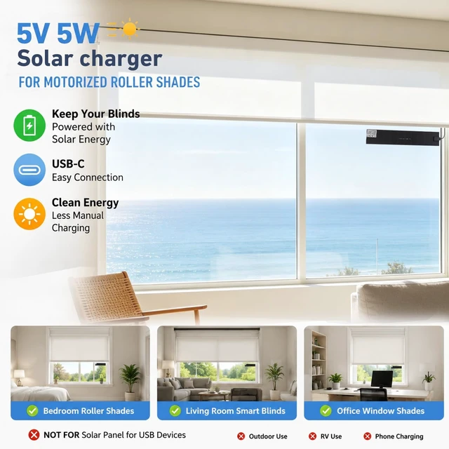 Alt view image 2 of 7 - 5W 5V Solar Panel for Motorized Blinds with USB-C Connector