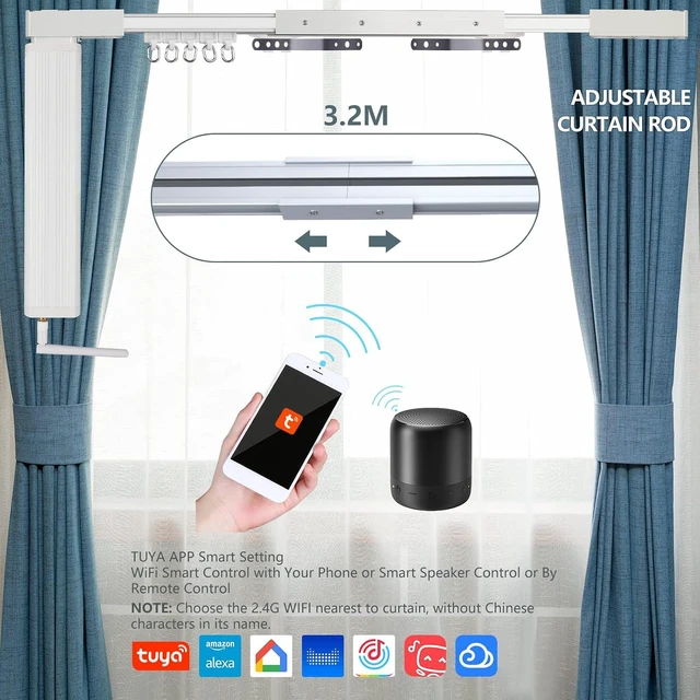 Alt view image 2 of 6 - WiFi Smart Curtain Track with Phone Control, Voice Control for Alexa, Google Home & Tuya, Motorized Curtain Rods with Remote (125'')