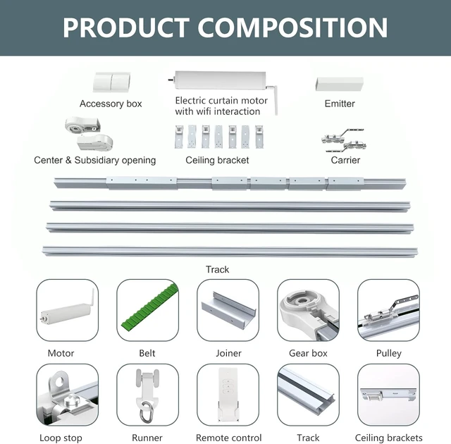 Alt view image 5 of 6 - WiFi Smart Curtain Track with Phone Control, Voice Control for Alexa, Google Home & Tuya, Motorized Curtain Rods with Remote (125'')