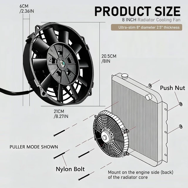 Alt view image 3 of 7 - 8 Inch Reversible 12V 80W Slim Electric Radiator Fan, Push & Pull, Universal Fit for Car/Truck/SUV (Black w/Mount)