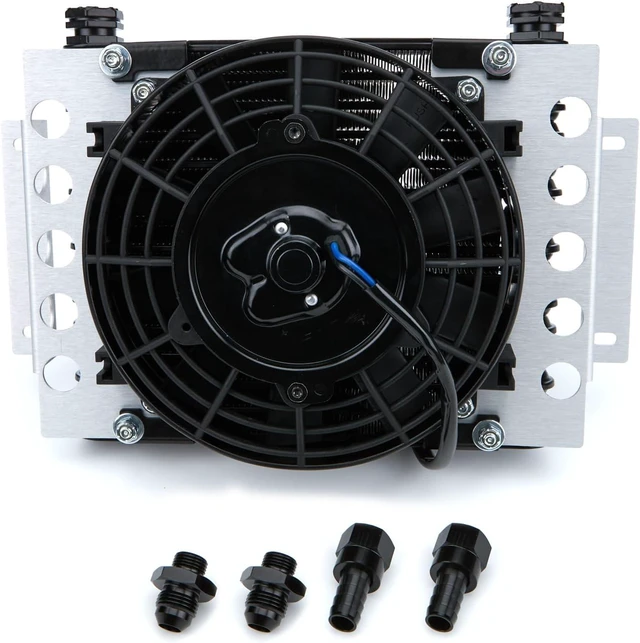 Main image of 12.75 x 9.375 x 4.313 in Aluminum Plate & Fin Fluid Cooler with Fan, 5/8-18 in O-Ring Inlet/Outlet, 8 AN Male Adapters, Black Powder Coat, Universal