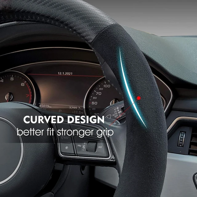 Alt view image 2 of 6 - Universal 15-Inch Suede Carbon Fiber Steering Wheel Cover Non-Slip Car Interior FitD-Shape,Black