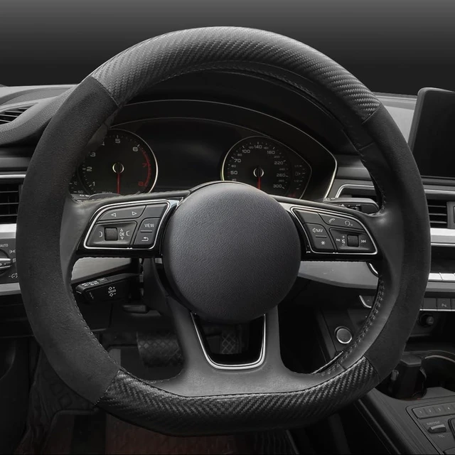 Alt view image 4 of 6 - Universal 15-Inch Suede Carbon Fiber Steering Wheel Cover Non-Slip Car Interior FitD-Shape,Black