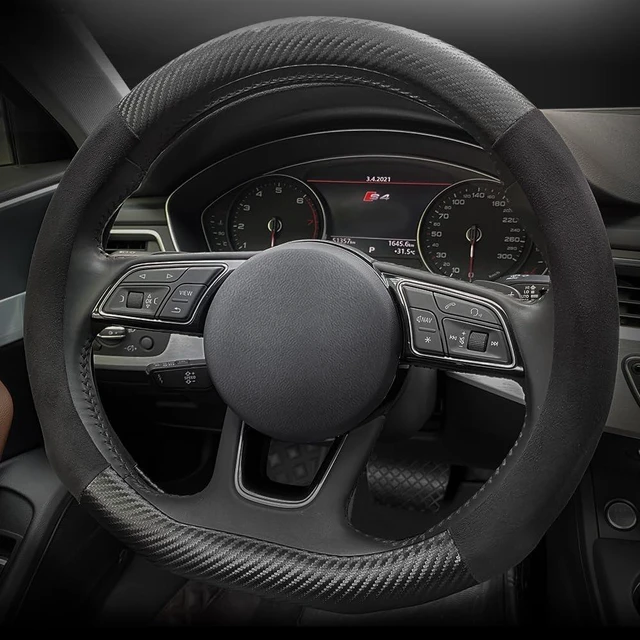 Alt view image 5 of 6 - Universal 15-Inch Suede Carbon Fiber Steering Wheel Cover Non-Slip Car Interior FitD-Shape,Black