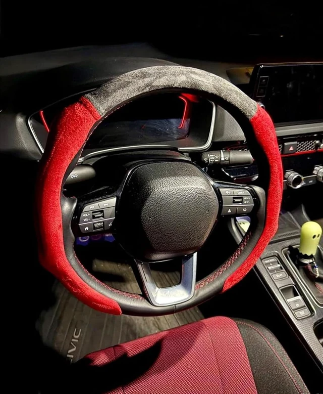 Alt view image 2 of 7 - Quick-Install Sporty Suede Steering Wheel Cover with Red Grips, Universal Fit for 14 ½15 Inch Car/SUV/Pickup Steering Wheels