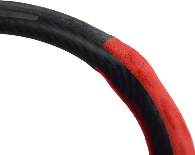 Alt view image 5 of 7 - Quick-Install Sporty Suede Steering Wheel Cover with Red Grips, Universal Fit for 14 ½15 Inch Car/SUV/Pickup Steering Wheels