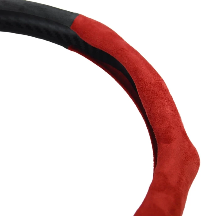 Alt view image 4 of 7 - Quick-Install Sporty Suede Steering Wheel Cover with Red Grips, Universal Fit for 14 ½15 Inch Car/SUV/Pickup Steering Wheels