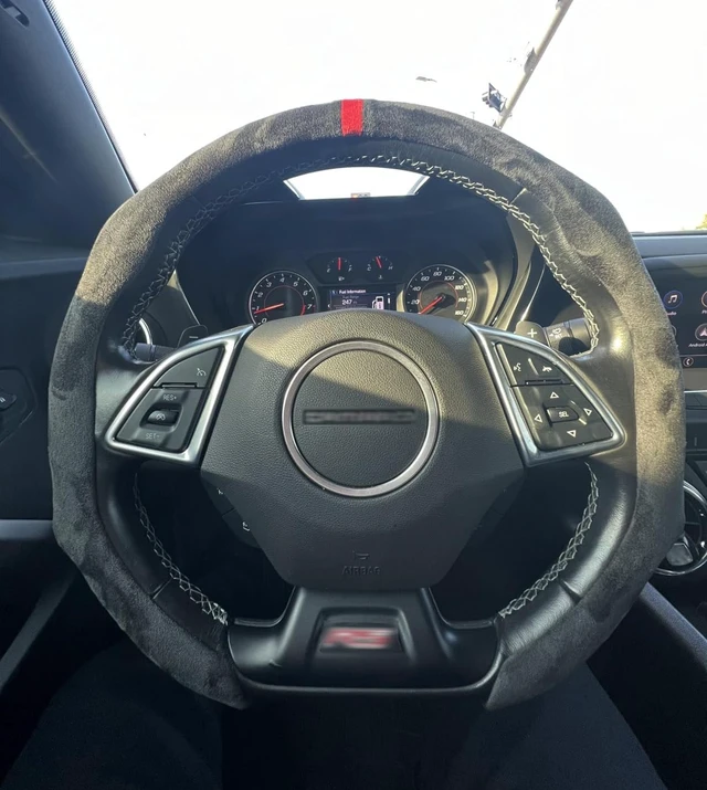 Alt view image 3 of 7 - Quick-Install Sporty Suede Leather Steering Wheel Cover with Red Top Trim, Universal Fit for 14½"15" Car/SUV/Pickup Steering Wheels
