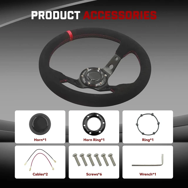 Alt view image 4 of 6 - 12.5"/320mm Racing Steering Wheel Suede Leather with Red Stripe