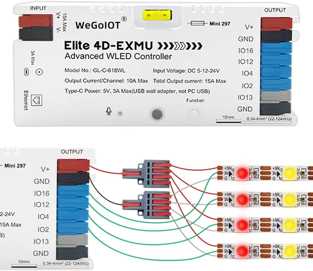 Main image of ESP32 WLED LED Strip Controller Ethernet, Music/Sound Reactive, UART, Energy-Save Relay 20A Pluggable Fuse, 4-Channel DIY Dynamic for WS2811 Digital Addressable RGB IC Strip Lights