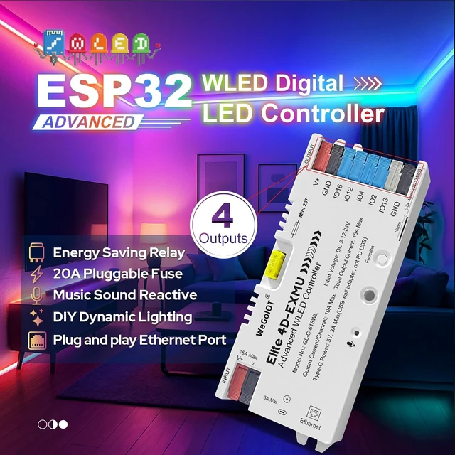Alt view image 2 of 7 - ESP32 WLED LED Strip Controller Ethernet, Music/Sound Reactive, UART, Energy-Save Relay 20A Pluggable Fuse, 4-Channel DIY Dynamic for WS2811 Digital Addressable RGB IC Strip Lights