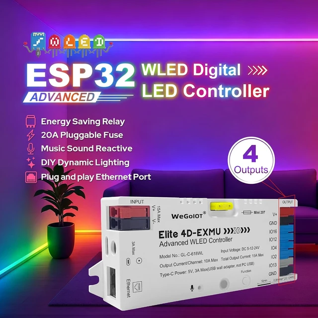 Alt view image 5 of 7 - ESP32 WLED LED Strip Controller Ethernet, Music/Sound Reactive, UART, Energy-Save Relay 20A Pluggable Fuse, 4-Channel DIY Dynamic for WS2811 Digital Addressable RGB IC Strip Lights