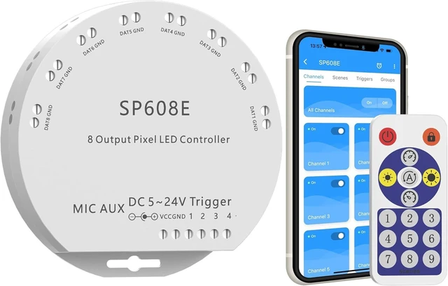 Main image of SP608E SPI Pixel LED Controller with 8 Signal Outputs Works with RGB Smart IC COB LED Strips, Built-in Mic/AUX Music Bluetooth, APP/Remote/Trigger Control for WS2811 Pixel Strip Lights