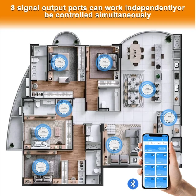 Alt view image 3 of 7 - SP608E SPI Pixel LED Controller with 8 Signal Outputs Works with RGB Smart IC COB LED Strips, Built-in Mic/AUX Music Bluetooth, APP/Remote/Trigger Control for WS2811 Pixel Strip Lights