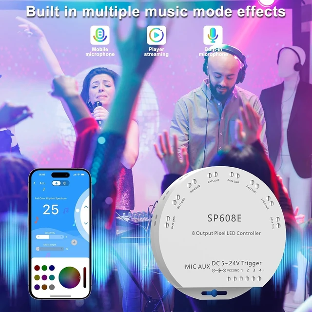 Alt view image 4 of 7 - SP608E SPI Pixel LED Controller with 8 Signal Outputs Works with RGB Smart IC COB LED Strips, Built-in Mic/AUX Music Bluetooth, APP/Remote/Trigger Control for WS2811 Pixel Strip Lights