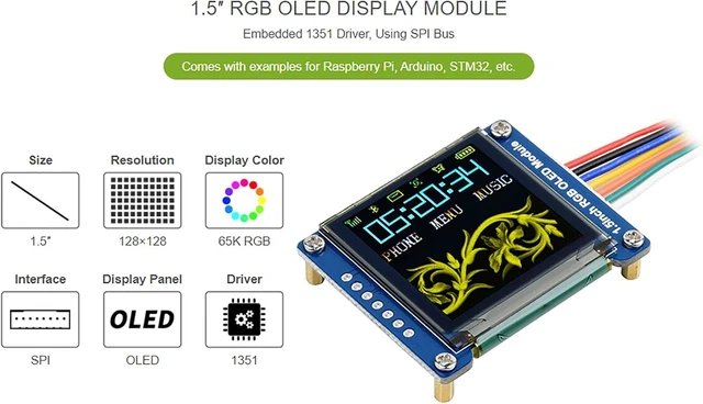 Alt view image 2 of 6 - 1.5-Inch RGB OLED Display Module, 128×128 Pixels, 16-Bit (65K Colors)