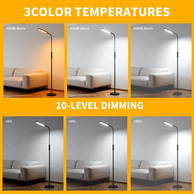Alt view image 4 of 7 - CRI95+ 18W 3000LM Floor Lamp for Living Room 3 Color Temps, Gooseneck Adjustable Dimmable Standing Lamp with Remote & Touch Control for Bedroom, Office, Tattoo Light