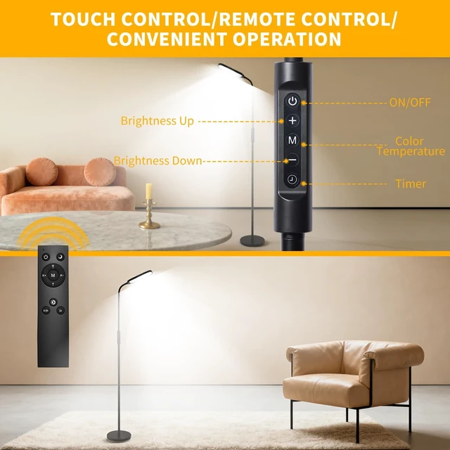 Alt view image 5 of 7 - CRI95+ 18W 3000LM Floor Lamp for Living Room 3 Color Temps, Gooseneck Adjustable Dimmable Standing Lamp with Remote & Touch Control for Bedroom, Office, Tattoo Light