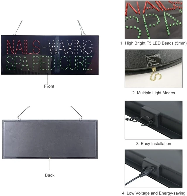Alt view image 4 of 7 - 32"×13" LED Nails Waxing Spa Pedicure Sign Nail Bar & Beauty Salon Decor