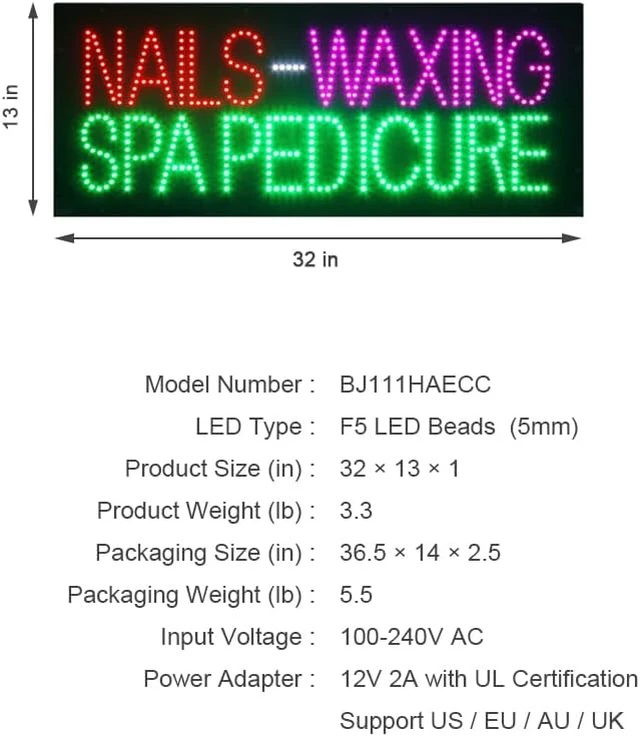Alt view image 5 of 7 - 32"×13" LED Nails Waxing Spa Pedicure Sign Nail Bar & Beauty Salon Decor