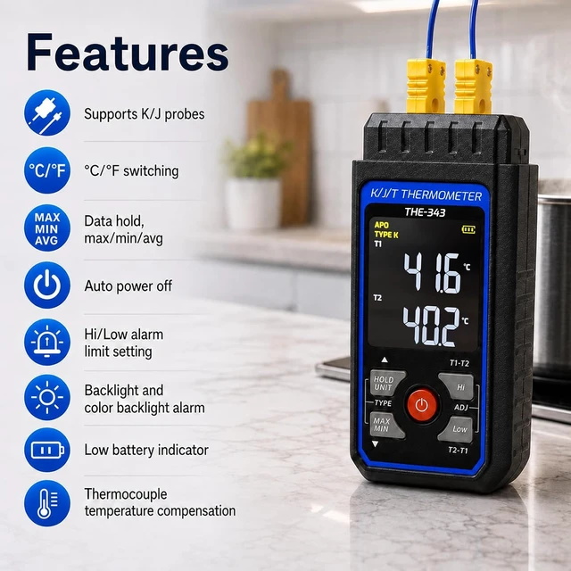 Alt view image 3 of 7 - Digital Dual-Channel K-Type Thermocouple Thermometer with 1 HVAC Clamp & 2 Wired Probes, Backlight & ADJ Compensation (-328~2500)