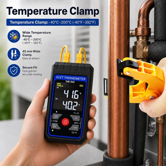 Alt view image 2 of 7 - Digital Dual-Channel K-Type Thermocouple Thermometer with 1 HVAC Clamp & 2 Wired Probes, Backlight & ADJ Compensation (-328~2500)