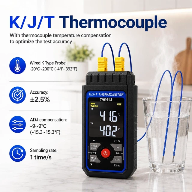 Alt view image 5 of 7 - Digital Dual-Channel K-Type Thermocouple Thermometer with 1 HVAC Clamp & 2 Wired Probes, Backlight & ADJ Compensation (-328~2500)