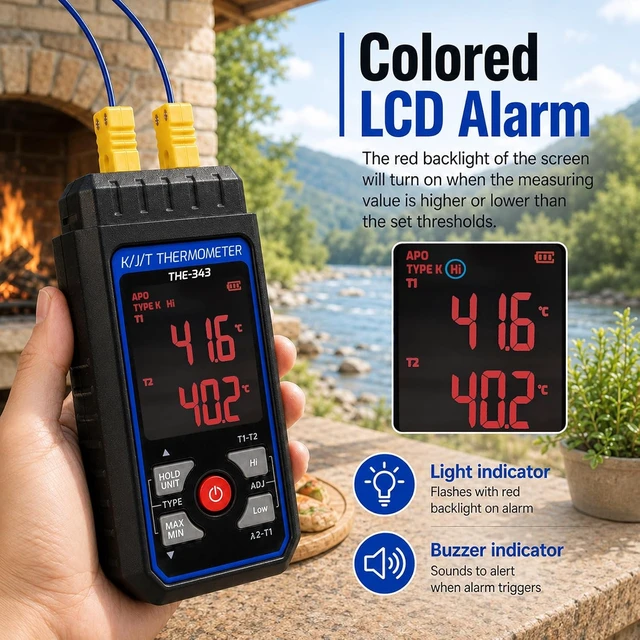 Alt view image 6 of 7 - Digital Dual-Channel K-Type Thermocouple Thermometer with 1 HVAC Clamp & 2 Wired Probes, Backlight & ADJ Compensation (-328~2500)